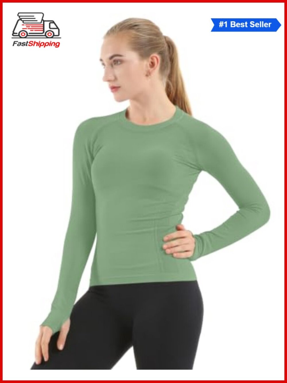 Seamless Long Sleeve Workout Top with Thumb Holes for Yoga Gym